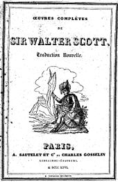 Couverture d'un livre en noir et blanc portant le titre Œuvres complètes de Walter Scott et illustré par un soldat du XIXe siècle assis
