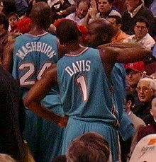 Davis, pictured here in 2003, was drafted by the Hornets in 1999 Jamal Mashburn and Baron Davis.jpg