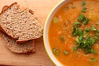 Lenten suppers often consist of a vegetarian soup, bread, and water in order to maintain the season's focus on abstinence, sacrifice, and simplicity. Linsen-Mohren-Orangensuppe (5417587993).jpg