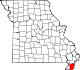 A state map highlighting Pemiscot County in the southeastern corner of the state.