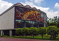 Eugenio Peschard: La Facultdad de Ciencia at UNAM (1953) Mural on rear of Alfonso Caro Auditorium, UNAM, Mexcio City.jpg