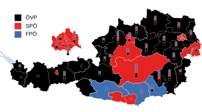 Stärkste Partei auf Ebene der Regionalwahlkreise (mit Wahlkarten) Die Kästchen zeigen im ersten Ermittlungsverfahren gewonnene Mandate (Grundmandate) an