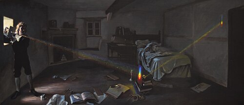 Isaac Newton performing his crucial prism experiment - the 'experimentum crucis' - in his Woolsthorpe Manor bedroom. Acrylic painting by Sascha Grusche (17 Dec 2015) Newton's Experimentum Crucis (Grusche 2015).jpg