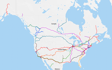 Passenger trains in North America (not shown: Brightline in Florida) North America Passenger Trains.png