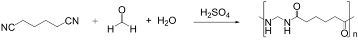 Synthesis of Nylon 1,6 from adiponitrile, formaldehyde, and water using sulfuric acid as a catalyst Nylon-1-6 synthesis.png