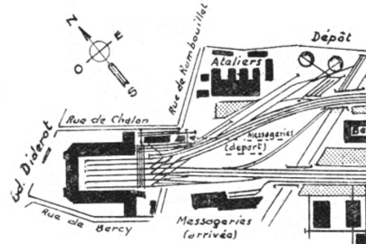Plan de la gare de Lyon, du dépôt et des ateliers du Charolais en 1904. la rue du Charolais se situe au niveau du mot dépôt figurant sur le plan.