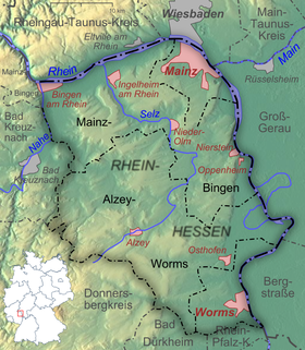 Reliefkarte Rheinhessens; alle nicht flachen Landesteile gehören zum Hügelland, das nach Westen und Südwesten noch etwas weiter reicht