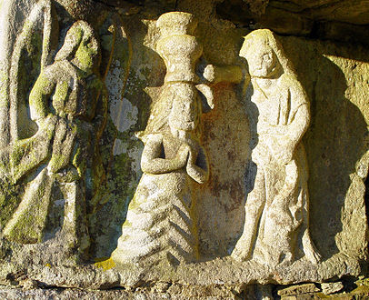 Baptism of Jesus by John who pours water while angel holds Jesus' cloak.