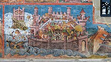 Siege of Constantinople on a mural at the Moldovita Monastery in Romania, painted in 1537 Siege of Constantinople fresco, Moldovita monastery, Vatra Moldovitei, 2017.jpg