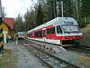 Two metre gauge Tatra Electric Railways trains at the Vyšné Hágy station in 2011