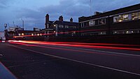 Light streaks outside London Waterloo station.