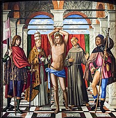 Accademia - San Sebastiano tra i SS. Liberale e Gregorio, Francesco e Rocco, Tavola,203x201, Cat.97 Giovanni Mansueti.jpg