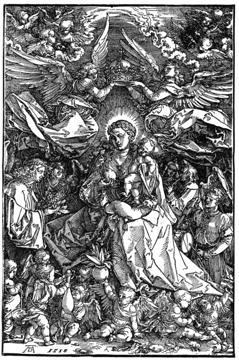 THE VIRGIN CROWNED BY TWO ANGELS. BY ALBRECHT DÜRER Engraved by Jerome Andre (?)