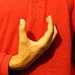 The "C" handshape produced with the the thumb-side edge of the palm facing the camera