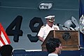 Captain Will C. Rogers III, the then-commanding officer of USS Vincennes speaks during the welcome home ceremony held for the crew at San Diego, California, on 24 October 1988. The ship returned from a six-month deployment to the Western Pacific, Indian Ocean and the Persian Gulf.