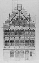 A drawing of the front of a three-storey building with an attic. The ground floor has four windows and a door; the middle and upper storeys contain a series of arched windows in pairs; the gable is shaped and contains more windows and the date 1883.