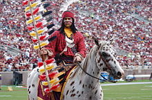 一名作为体育吉祥物的人着现代美国原住民服饰，骑着一匹棕白斑点马，挥舞着旗子，站在运动场上。球场上有更多的人，背景中体育场的座席上还有大批的人。
