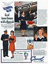 Women in the War cigarette ad showing a woman signalling civilian aircraft. The ad associates taking a "man's job" with smoking cigarettes like a man: "Co-ed leaves Campus to fill a Man's job. She's "in the service"—even to her choice of cigarettes..."