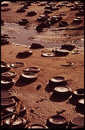 These car tires were discarded on the Middle Branch of Baltimore Harbor in this photo from 1973. Tire dumping is still a concern today and could be reduced by tire recycling. DISCARDED TIRES LITTER THE SHORELINE OF THE MIDDLE BRANCH OF BALTIMORE HARBOR NEAR WATERVIEW AVENUE - NARA - 547683.jpg