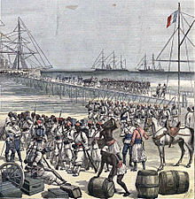 French colonial troops, led by Colonel Alfred-Amedee Dodds, a Senegalese mulatto, conquered and annexed Dahomey in 1894. Desembarco en Cotonou de tropas senegalesas. Le Petit Journal, 21may1892.jpg