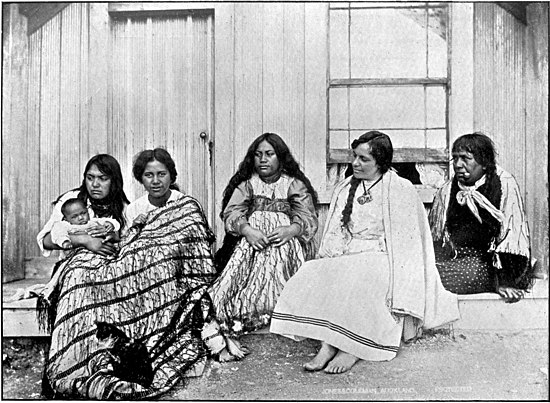 Five Māori women in a mixture of traditional and European dress sitting on front steps.