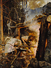 Akseli Gallen-Kallela, The Forging of the Sampo, 1893. An artist from Finland deriving inspiration from the Finnish "national epic", the Kalevala Gallen Kallela The Forging of the Sampo.jpg