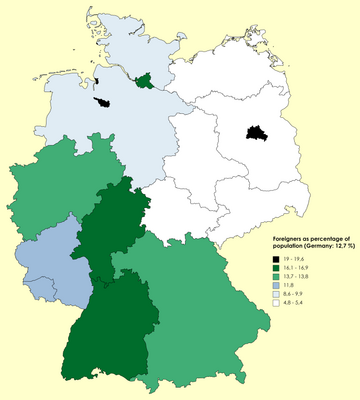 Germany states by foreigners as percentage of population as of November 2020 Germany foreigners as percentage of population.png