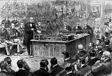 Gladstone speaking during a Commons debate on Irish Home Rule on 8 April 1886. Gladstone debate on Irish Home Rule 8th April 1886 ILN.jpg