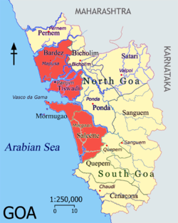 Goa at its height under Portuguese occupation. The Novas Conquistas are highlighted in cream.