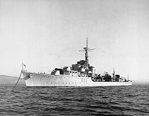 HMS Cockade (R34) secured to a buoy in the Clyde, 28 September 1945 (FL 3818).jpg