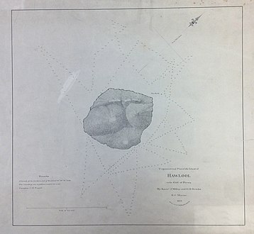 "طرح مثلثاتی جزیره حالول در خلیج فارس" نوشته جی بی بروکز (۱۸۲۳)