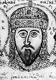 Black-and-white copy of a bust of a crowned man with a pointy beard