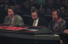 Layfield (left) commentating on Raw with Michael Cole (center) and Jerry Lawler (right) in 2014 JBL, Cole, King.jpg