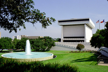 Front view of the Lyndon Baines Johnson Library and Museum located on the campus of the University of Texas in Austin, Texas LBJ Library and Museum front view with fountain.png