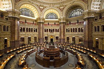 Salão de leitura, Edifício Thomas Jefferson, Biblioteca do Congresso. Washington, D.C., Estados Unidos.