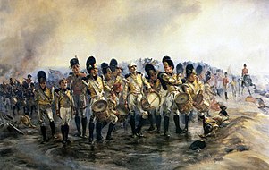 Drummers of the 57th Regiment of Foot at the Battle of Albuera. They are depicted in their distinctive yellow uniforms, which was facing color of the 57th. Lady Elizabeth Butler - steady the drums and fifes.jpg