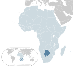 Botswanan sijainti Afrikassa (merkitty vaaleansinisellä ja tummanharmaalla) ja Afrikan unionissa (merkitty vaaleansinisellä).