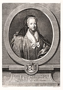 The Swedish writer Maria Gustava Gyllenstierna (1672-1737); as a taxpaying property owner, and a woman of legal majority due to her widowed status, she belonged to the women granted suffrage in accordance with the constitution of the age of liberty (1718-1772). Maria Gustava Gyllenstierna SP156.jpg