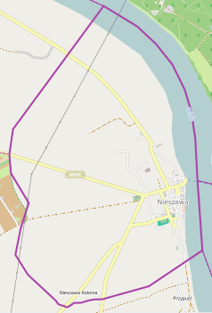 Mapa konturowa Nieszawy, po prawej znajduje się punkt z opisem „Parafia św. Jadwigi Śląskiej w Nieszawie”