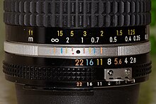 Nikon 28mm
f/2.8 lens with markings for the depth of field. The lens is set at the hyperfocal distance for
f/22. The orange mark corresponding to
f/22 is at the infinity mark ([?]). Focus is acceptable from under 0.7 m to infinity. Nikon 28mm lens at hyperfocus.jpg