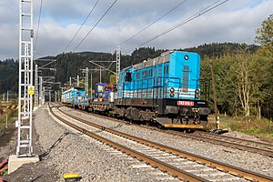 Elektrizace železnic train at Bezpráví in October 2021