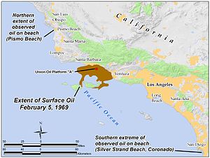 Extent of the spill on the ocean surface on February 5, 1969, showing the northward and southward extremes of observed oil during the year. Oil1969extent.jpg