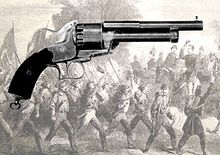 The LeMat Percussion Revolver, with 9 revolving chambers firing bullets and a center shotgun barrel firing lead shot, was used by the Confederate troops in the American Civil War. Perkussions Revolver Le Mat.JPG