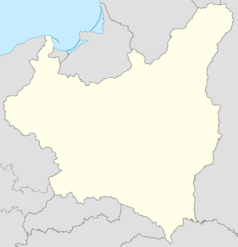 Mapa konturowa Polski w 1939 r., w centrum znajduje się punkt z opisem „miejsce bitwy”