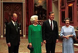 President George H. W. Bush and First Lady Barbara Bush with Queen Elizabeth II and Prince Philip at Buckingham Palace, London, England (1989) President and Mrs. Bush with Queen Elizabeth and Prince Philip.jpg