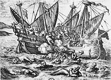 Print depicting Huguenot aggression against Catholics at sea, Horribles cruautes des Huguenots, 16th century Print entitled Horribles cruautes des Huguenot en France 16th century.jpg
