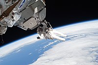 Nicholas Patrick works on the exterior of the Cupola during the third EVA of the STS-130 mission, February 17, 2010. STS-130 EVA3 Nicholas Patrick 1.jpg