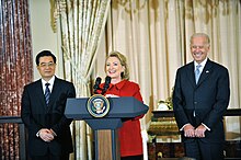 Hu Jintao, Vice President Joseph Biden and Hillary Rodham Clinton Secretary Clinton, VIce President Biden and Dr. Biden Co-Host a Luncheon in Honor of Chinese President Hu Jintao (5371703392).jpg