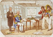 Gambier : « Moab my wash pot, my shoe, o'er Edom I will throw » (parodie du psaume 60 (59) : « Moab est le bassin où je me lave ! / sur Édom, je jette ma sandale ») Marin : « Your shoe won't do for the French Fleet. I think we had better throw some shells your Honor » (« Votre chaussure ne fera rien à la flotte française. Je crois qu'on ferait mieux de leur lancer quelques boulets, votre Honneur ») Cochrane : « Why Admiral? Damn their Eyes they'll escape if we don't make haste. » (« Pourquoi, Amiral ? Ces maudits vont s'échapper si on ne se dépêche pas. ») Chapelain : « Oh the wicked Dog he has put us quite out, he is insensible of the beauties of Divine Poetry) » (« Oh, le méchant chien, il est insensible à la beauté de la Poésie Divine ») Sur le sol, aux pieds de Gambier, se trouvent des fusées Congreve inusitées.