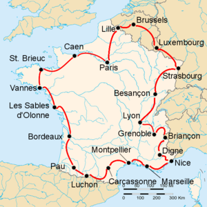 Route of the 1947 Tour de France followed clockwise, starting and finishing in Paris